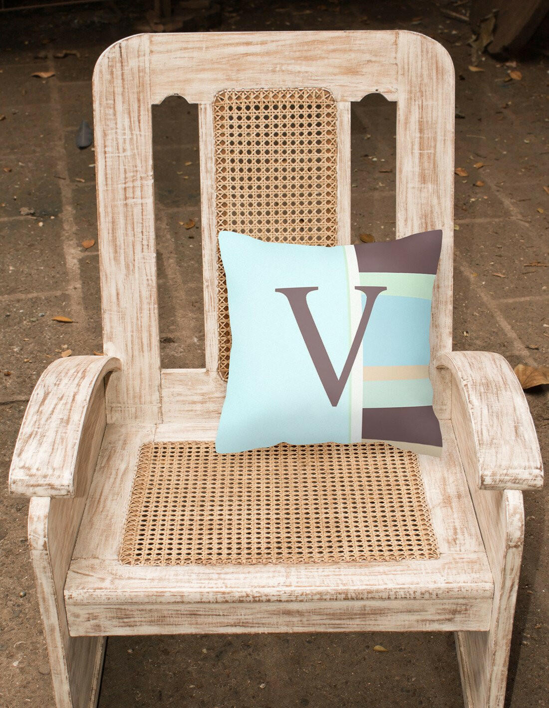 Letter V Initial Monogram - Blue Stripes Decorative   Canvas Fabric Pillow - the-store.com