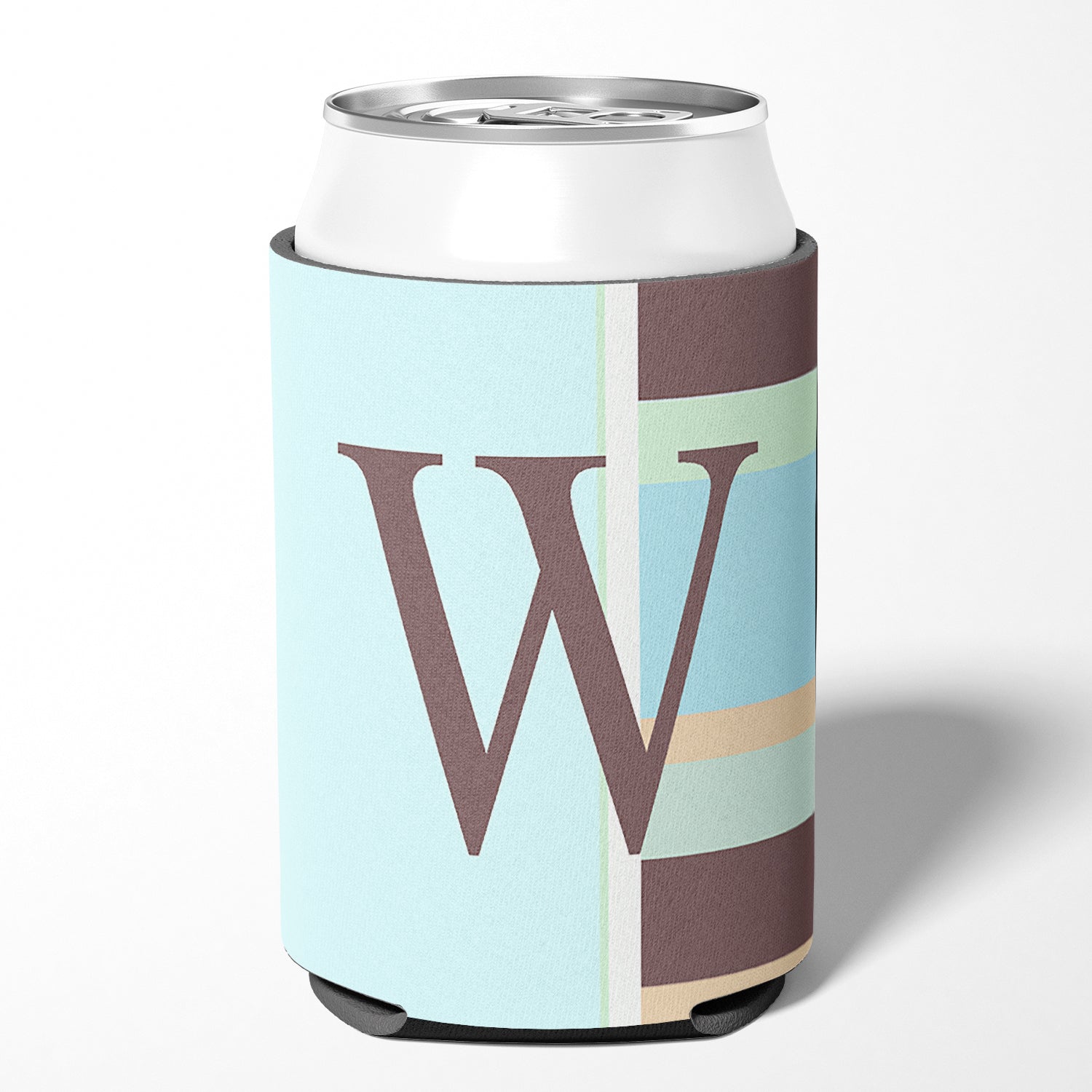 Letter W Initial Monogram - Blue Stripes Can or Bottle Beverage Insulator Hugger.