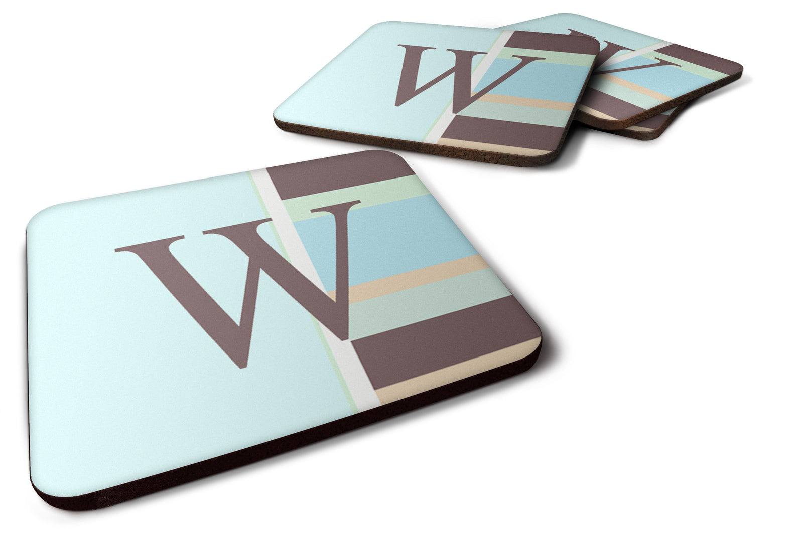 Set of 4 Monogram - Blue Stripes Foam Coasters Initial Letter W - the-store.com