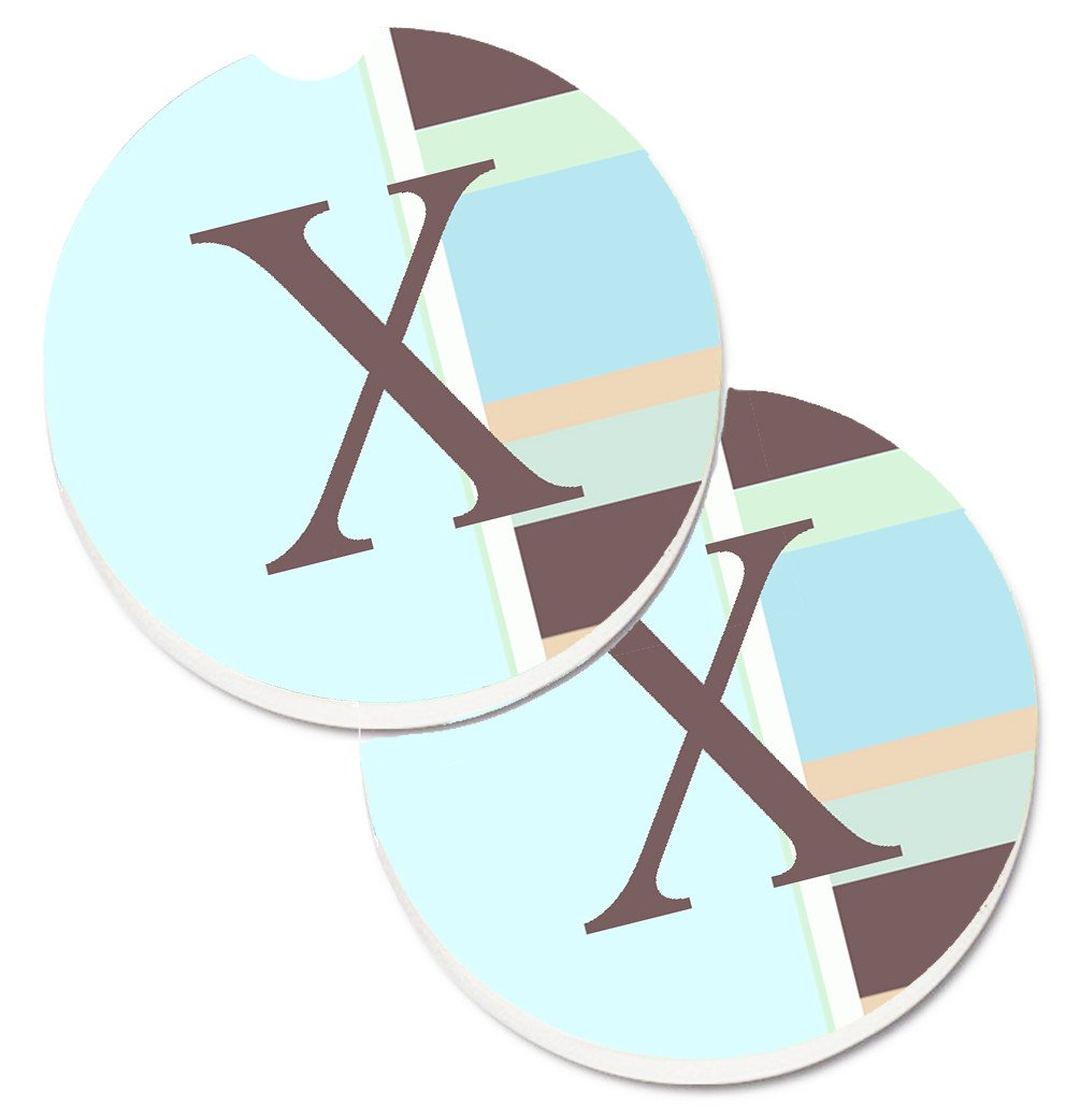 Letter X Initial Monogram - Blue Stripes Set of 2 Cup Holder Car Coasters CJ1003-XCARC by Caroline&#39;s Treasures
