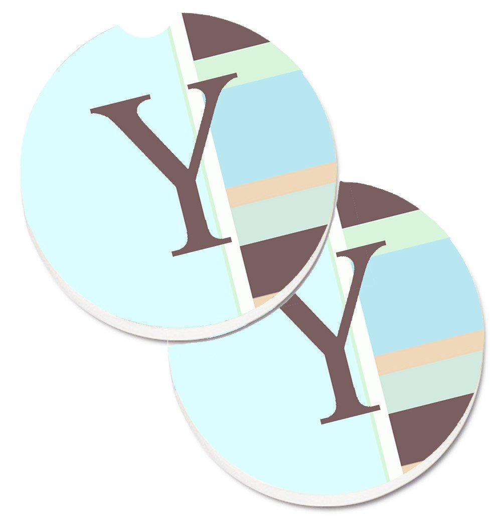 Letter Y Initial Monogram - Blue Stripes Set of 2 Cup Holder Car Coasters CJ1003-YCARC by Caroline&#39;s Treasures