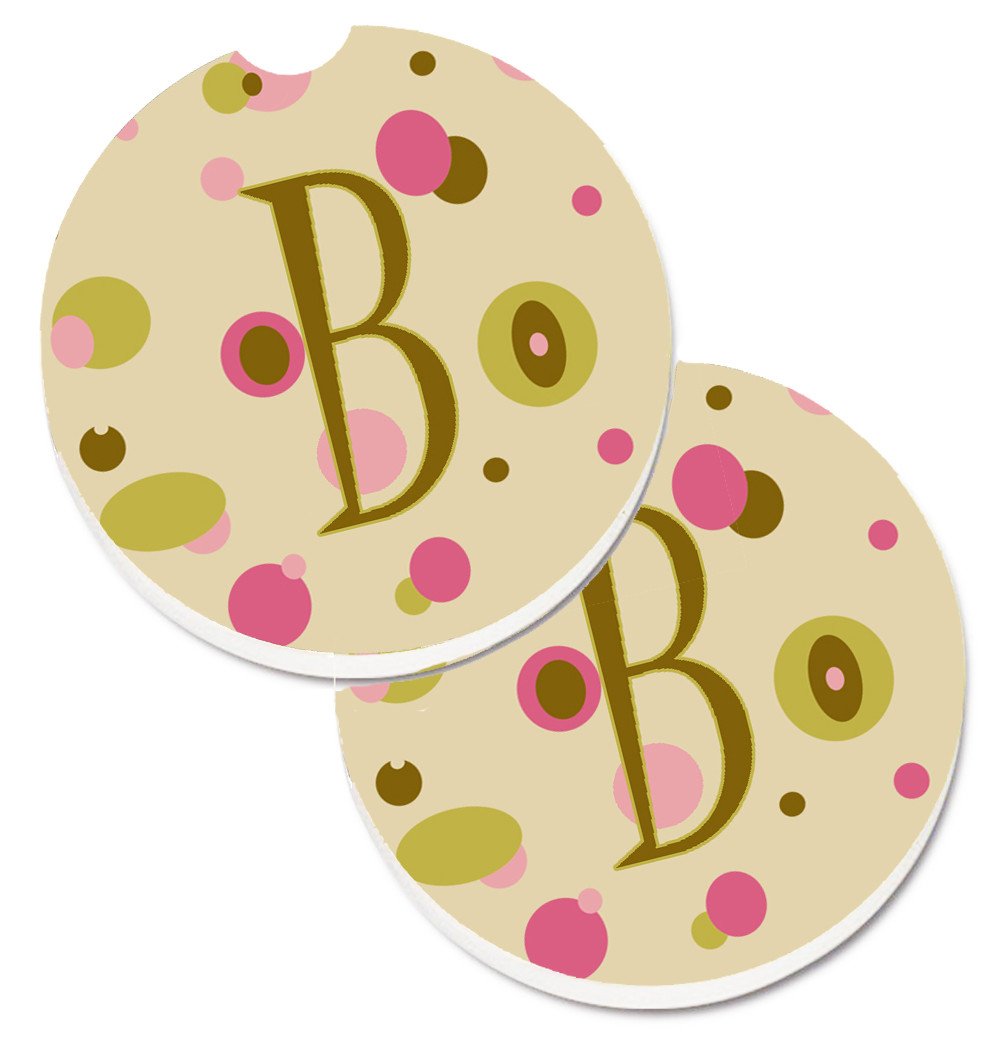 Letter B Initial Monogram - Tan Dots Set of 2 Cup Holder Car Coasters CJ1004-BCARC by Caroline&#39;s Treasures