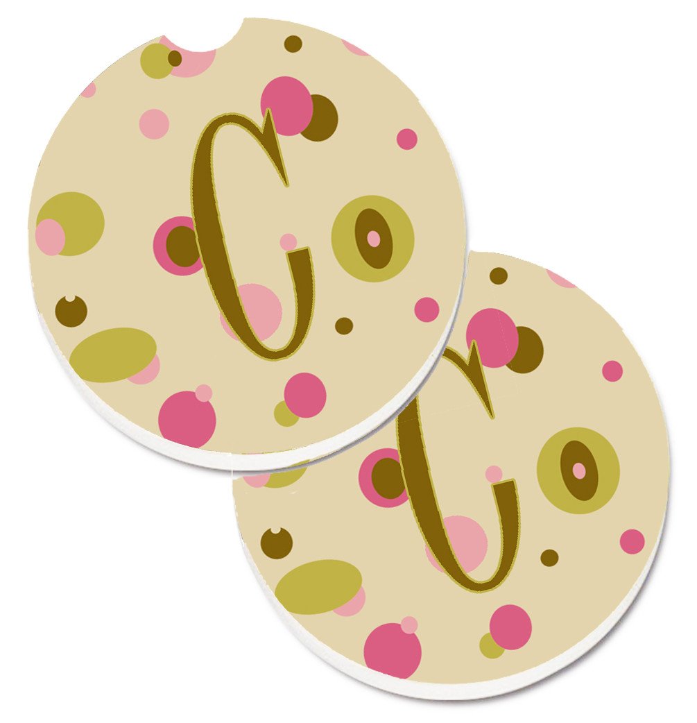 Letter C Initial Monogram - Tan Dots Set of 2 Cup Holder Car Coasters CJ1004-CCARC by Caroline&#39;s Treasures