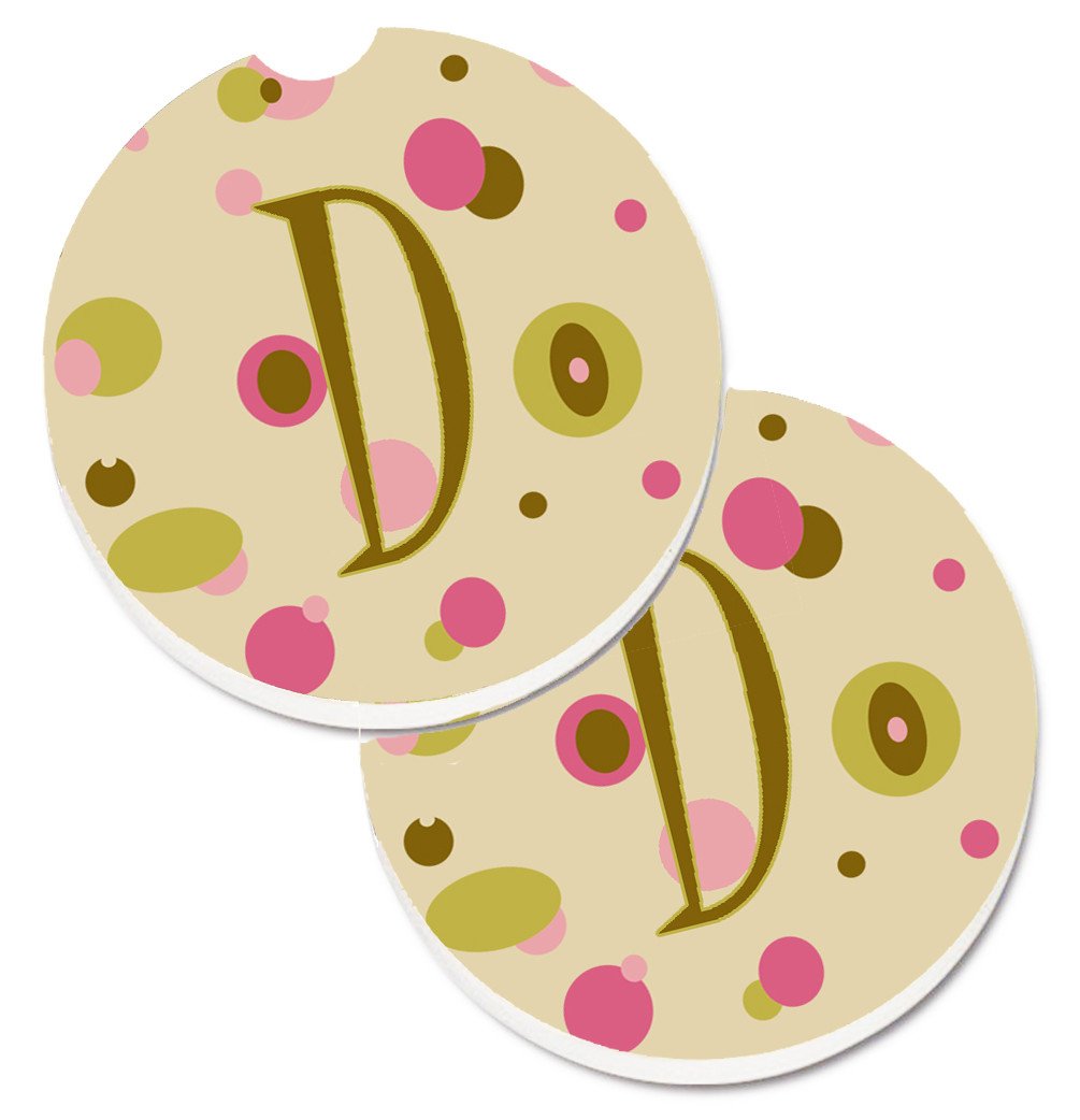 Letter D Initial Monogram - Tan Dots Set of 2 Cup Holder Car Coasters CJ1004-DCARC by Caroline&#39;s Treasures
