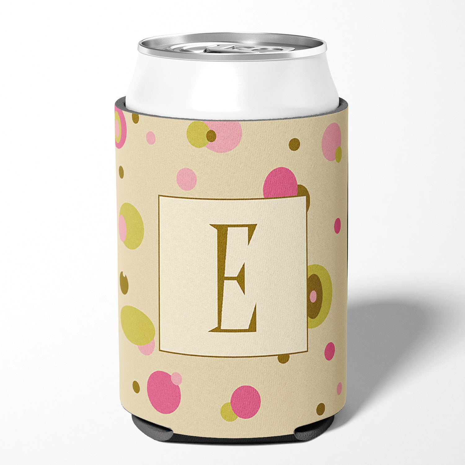 Letter E Initial Monogram - Tan Dots Can or Bottle Beverage Insulator Hugger.