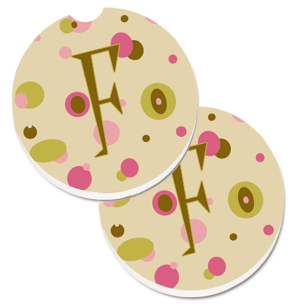 Letter F Initial Monogram - Tan Dots Set of 2 Cup Holder Car Coasters CJ1004-FCARC by Caroline&#39;s Treasures