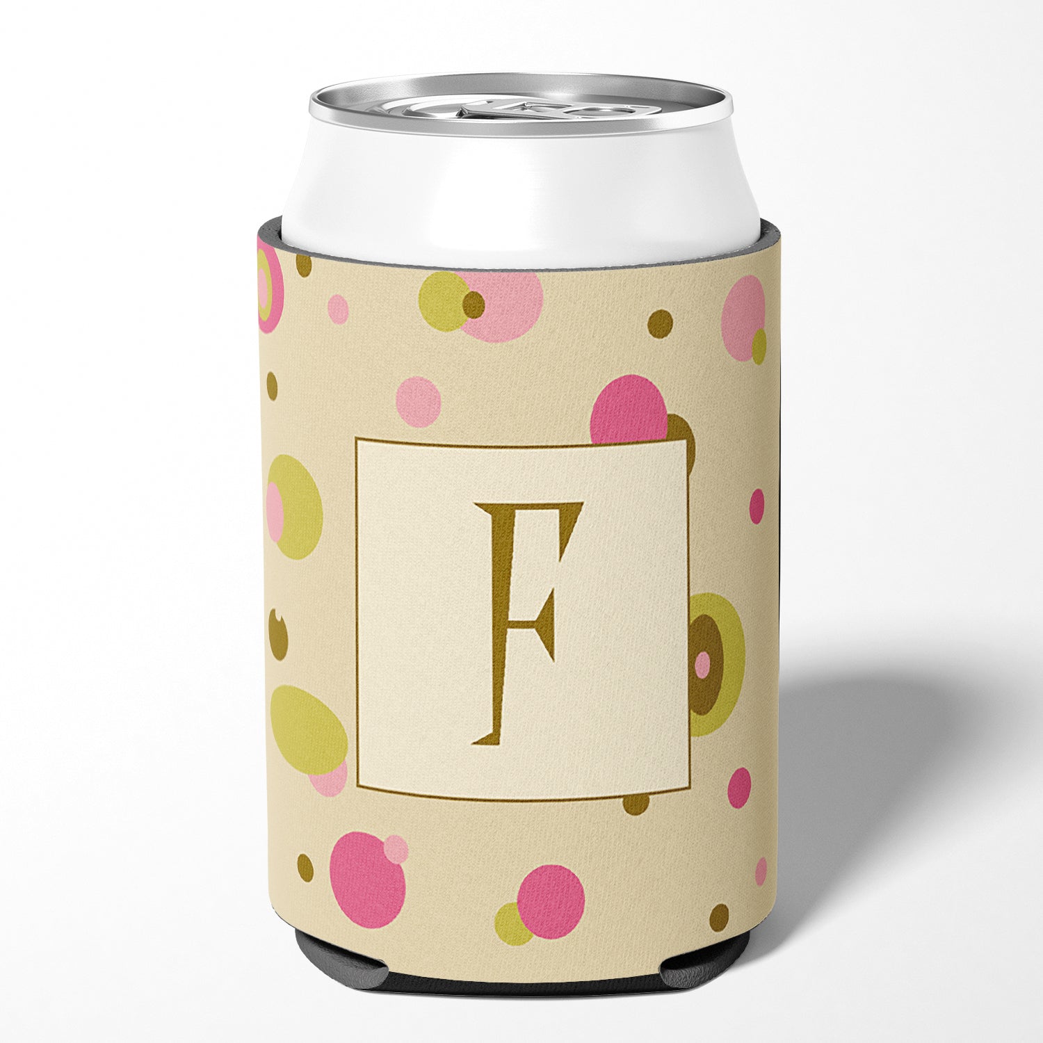 Letter F Initial Monogram - Tan Dots Can or Bottle Beverage Insulator Hugger.