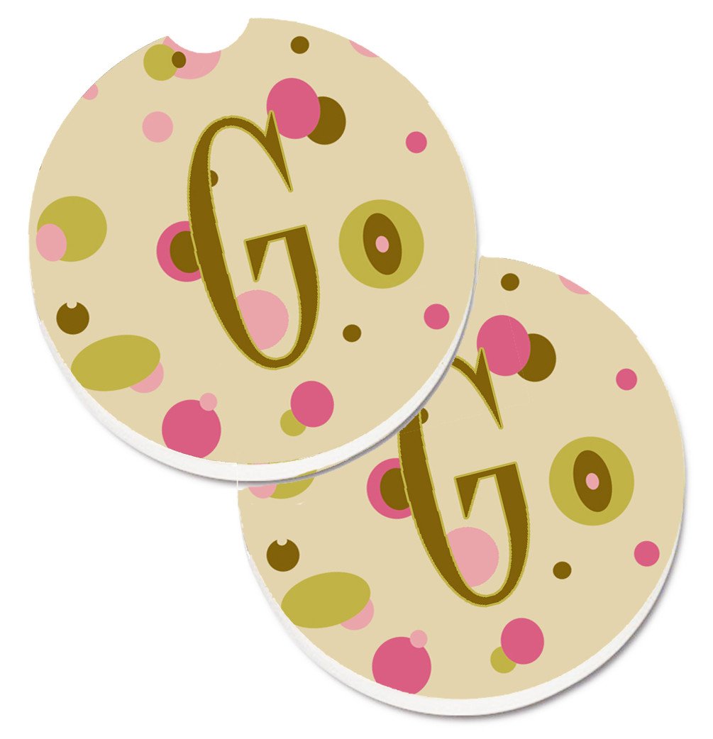 Letter G Initial Monogram - Tan Dots Set of 2 Cup Holder Car Coasters CJ1004-GCARC by Caroline&#39;s Treasures
