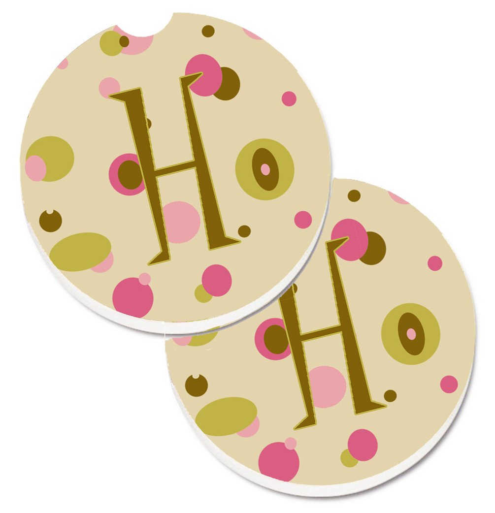 Letter H Initial Monogram - Tan Dots Set of 2 Cup Holder Car Coasters CJ1004-HCARC by Caroline&#39;s Treasures