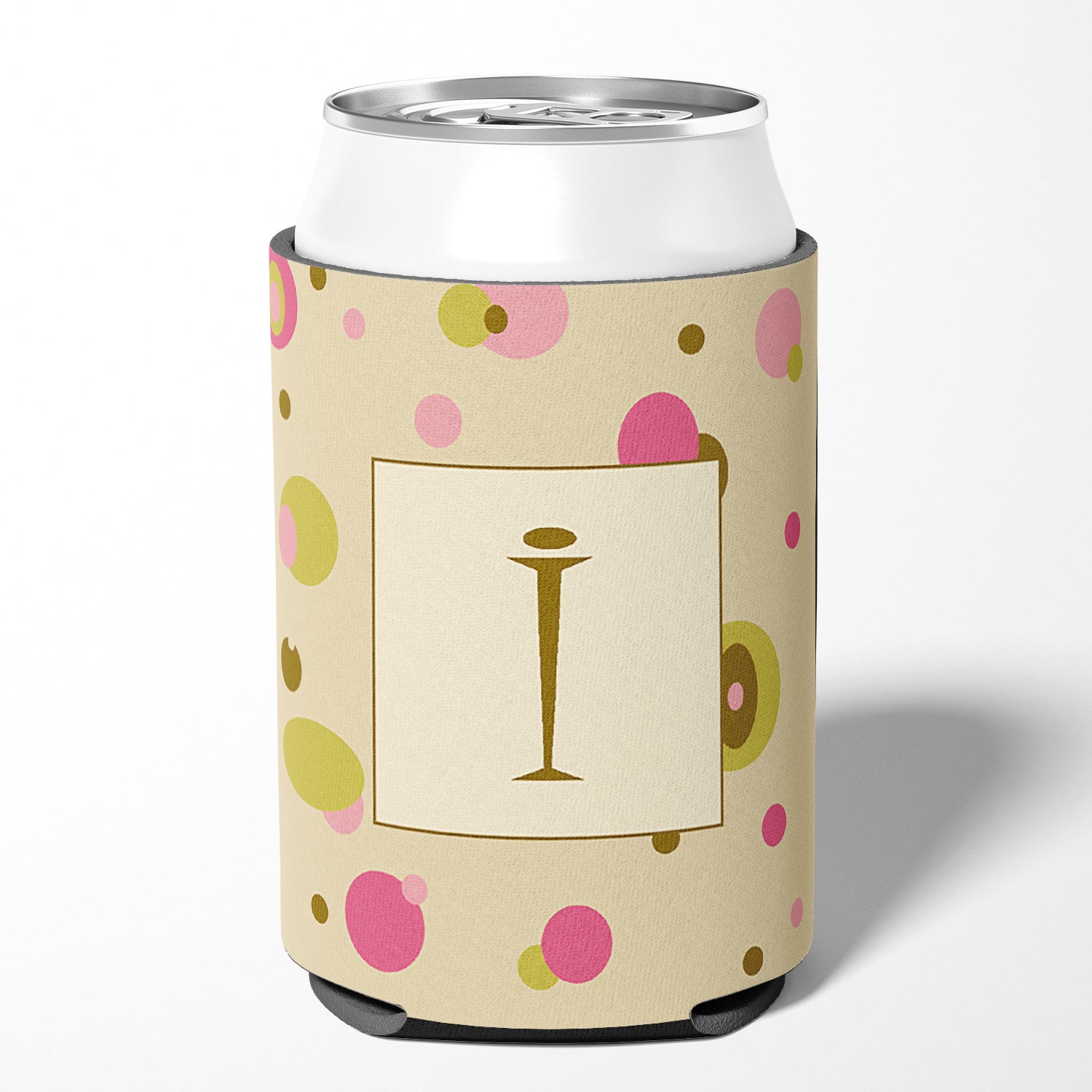 Letter I Initial Monogram - Tan Dots Can or Bottle Beverage Insulator Hugger.
