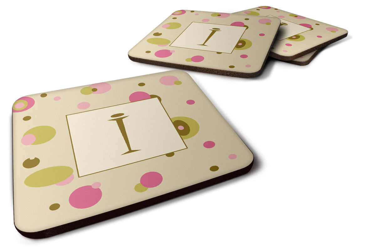 Set of 4 Monogram - Tan Dots Foam Coasters Initial Letter I - the-store.com