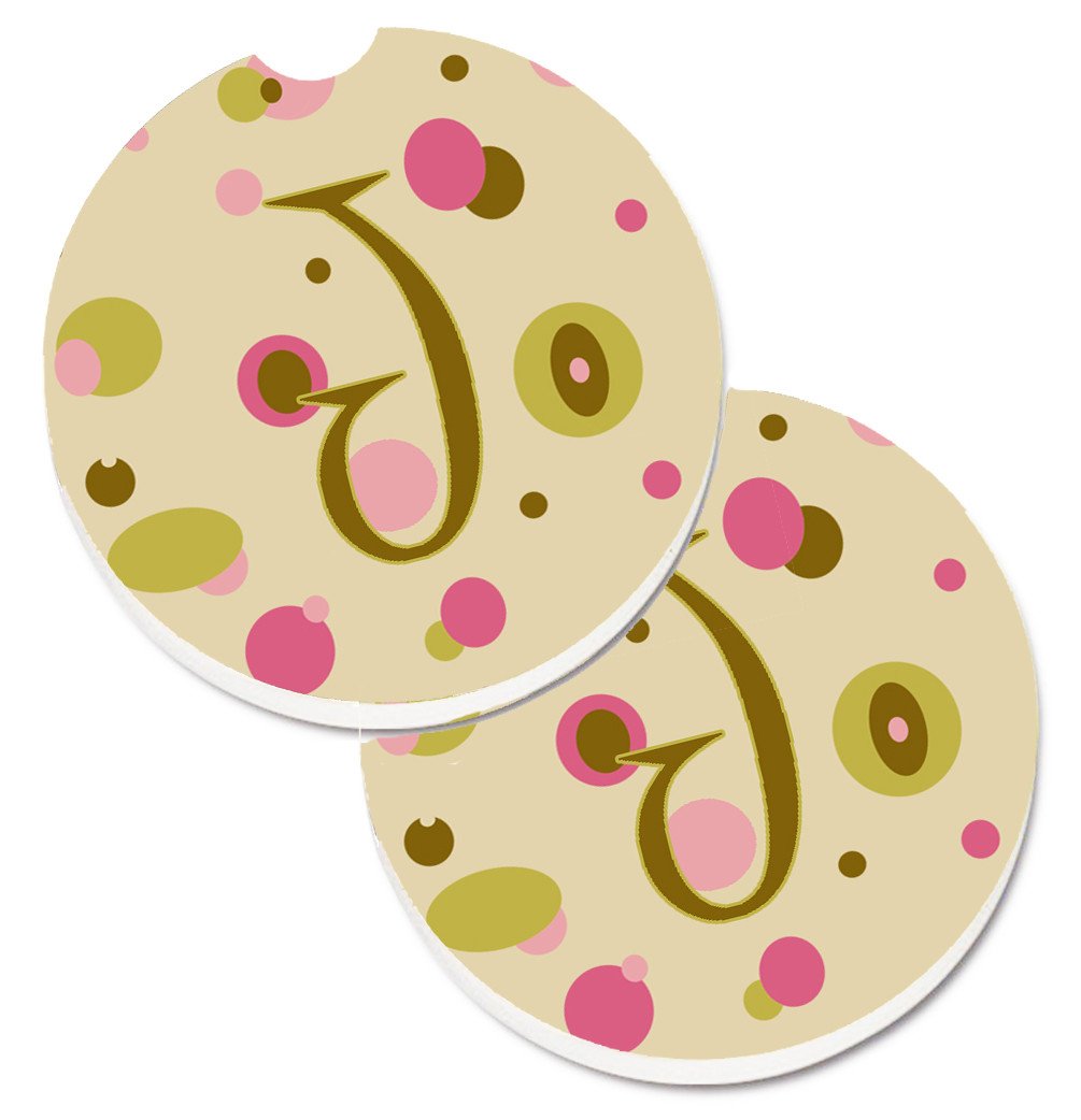 Letter J Initial Monogram - Tan Dots Set of 2 Cup Holder Car Coasters CJ1004-JCARC by Caroline&#39;s Treasures