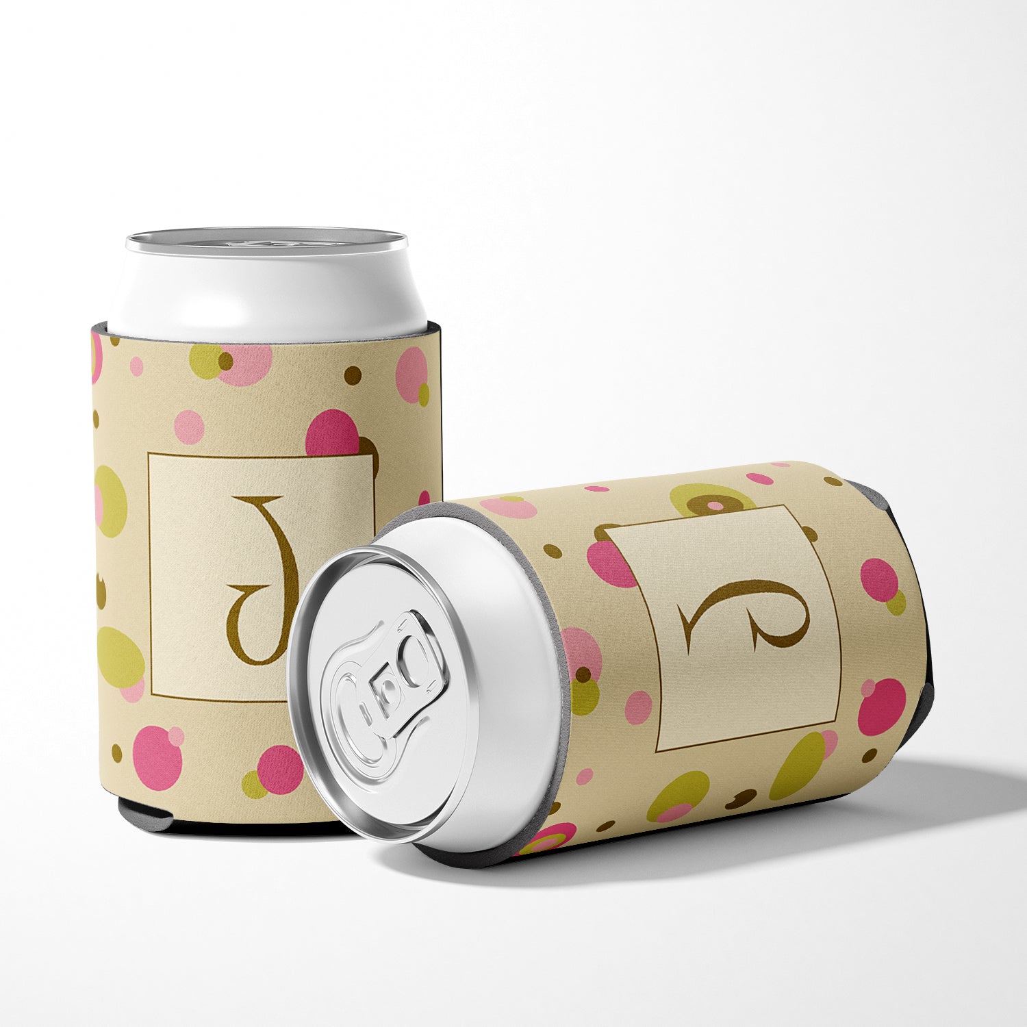 Letter J Initial Monogram - Tan Dots Can or Bottle Beverage Insulator Hugger.