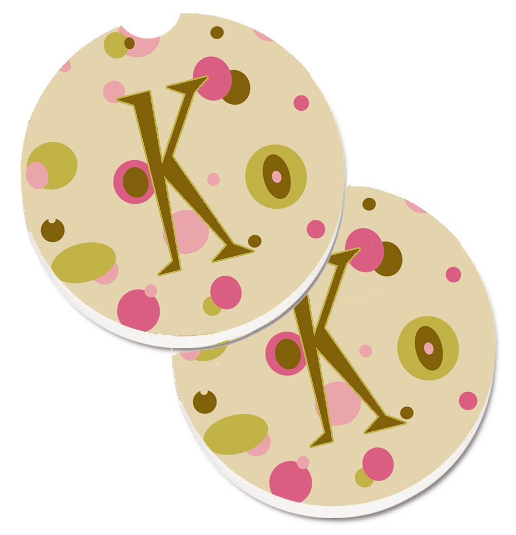 Letter K Initial Monogram - Tan Dots Set of 2 Cup Holder Car Coasters CJ1004-KCARC by Caroline&#39;s Treasures