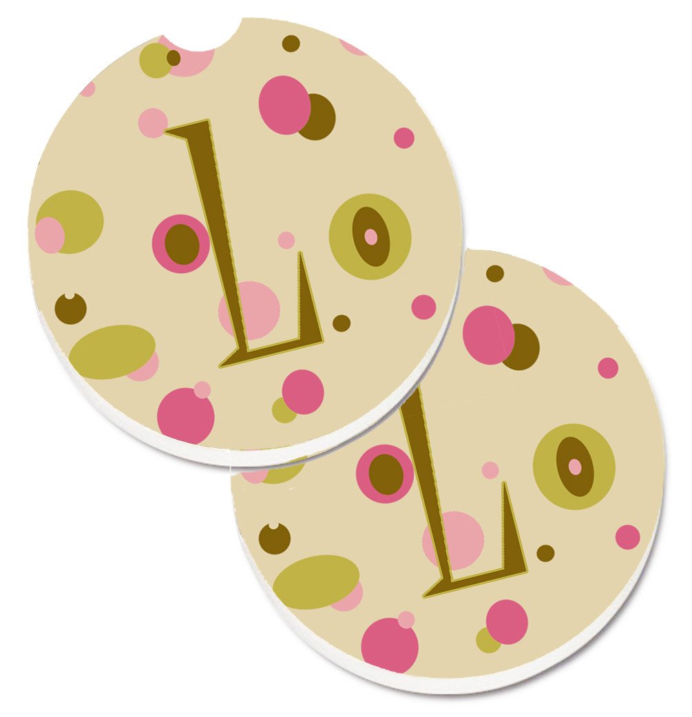 Letter L Initial Monogram - Tan Dots Set of 2 Cup Holder Car Coasters CJ1004-LCARC by Caroline's Treasures