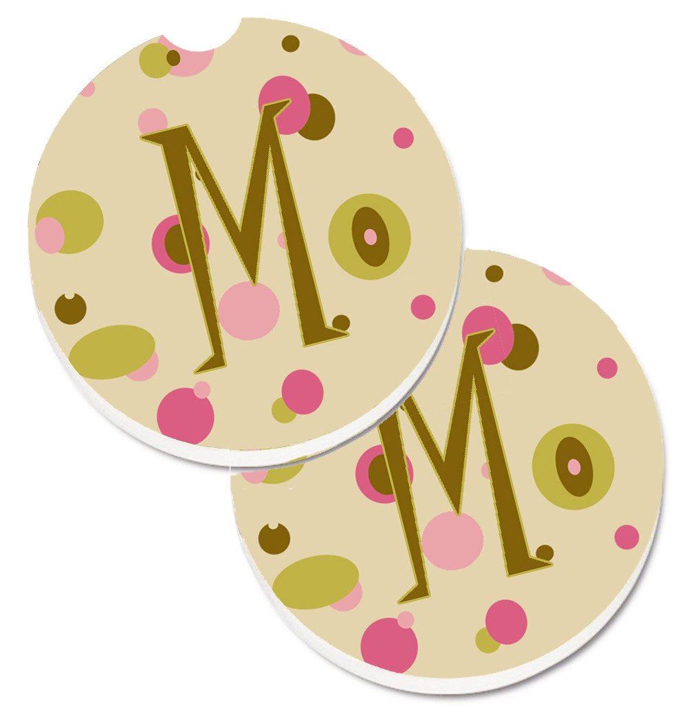 Letter M Initial Monogram - Tan Dots Set of 2 Cup Holder Car Coasters CJ1004-MCARC by Caroline&#39;s Treasures
