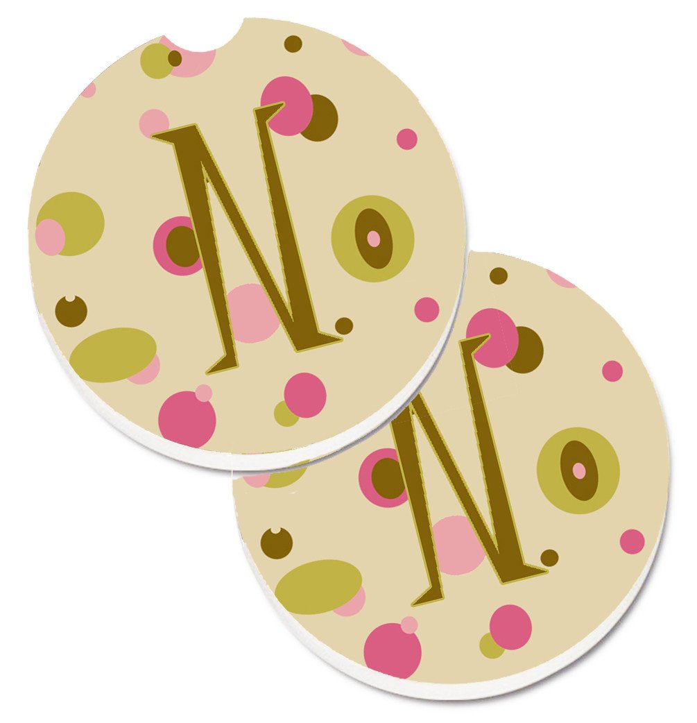 Letter N Initial Monogram - Tan Dots Set of 2 Cup Holder Car Coasters CJ1004-NCARC by Caroline&#39;s Treasures