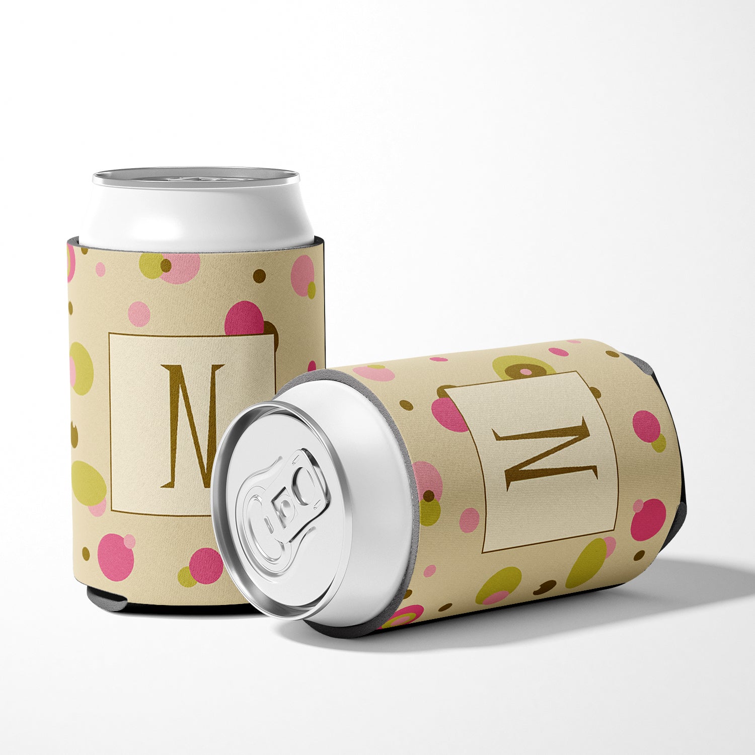Letter N Initial Monogram - Tan Dots Can or Bottle Beverage Insulator Hugger.