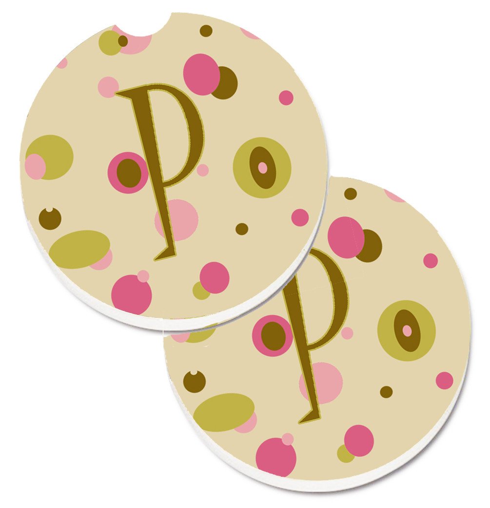 Letter P Initial Monogram - Tan Dots Set of 2 Cup Holder Car Coasters CJ1004-PCARC by Caroline&#39;s Treasures