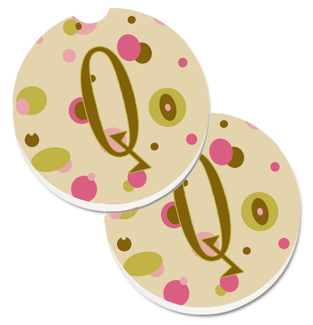 Letter Q Initial Monogram - Tan Dots Set of 2 Cup Holder Car Coasters CJ1004-QCARC by Caroline&#39;s Treasures