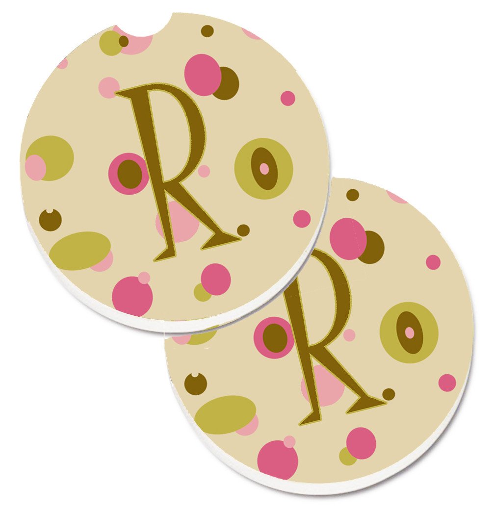 Letter R Initial Monogram - Tan Dots Set of 2 Cup Holder Car Coasters CJ1004-RCARC by Caroline&#39;s Treasures