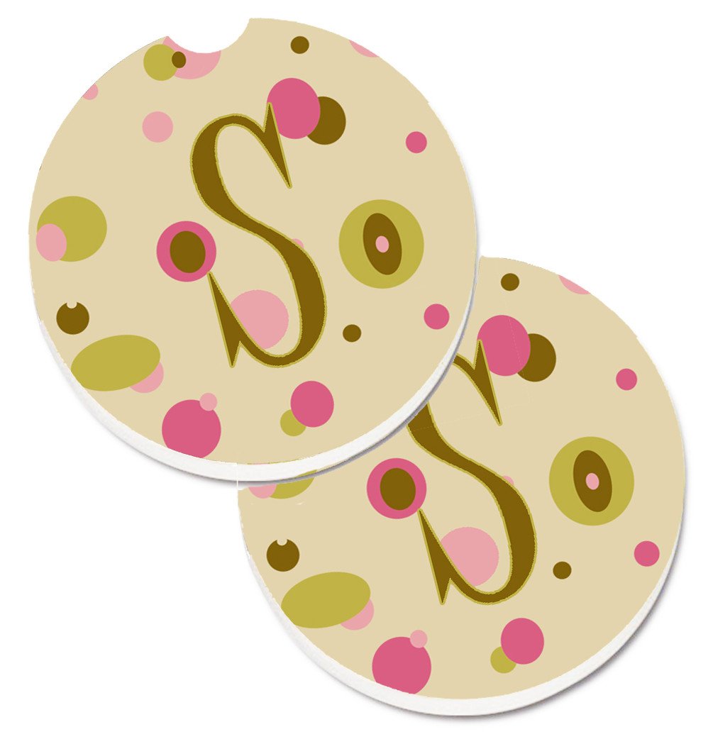 Letter S Initial Monogram - Tan Dots Set of 2 Cup Holder Car Coasters CJ1004-SCARC by Caroline&#39;s Treasures