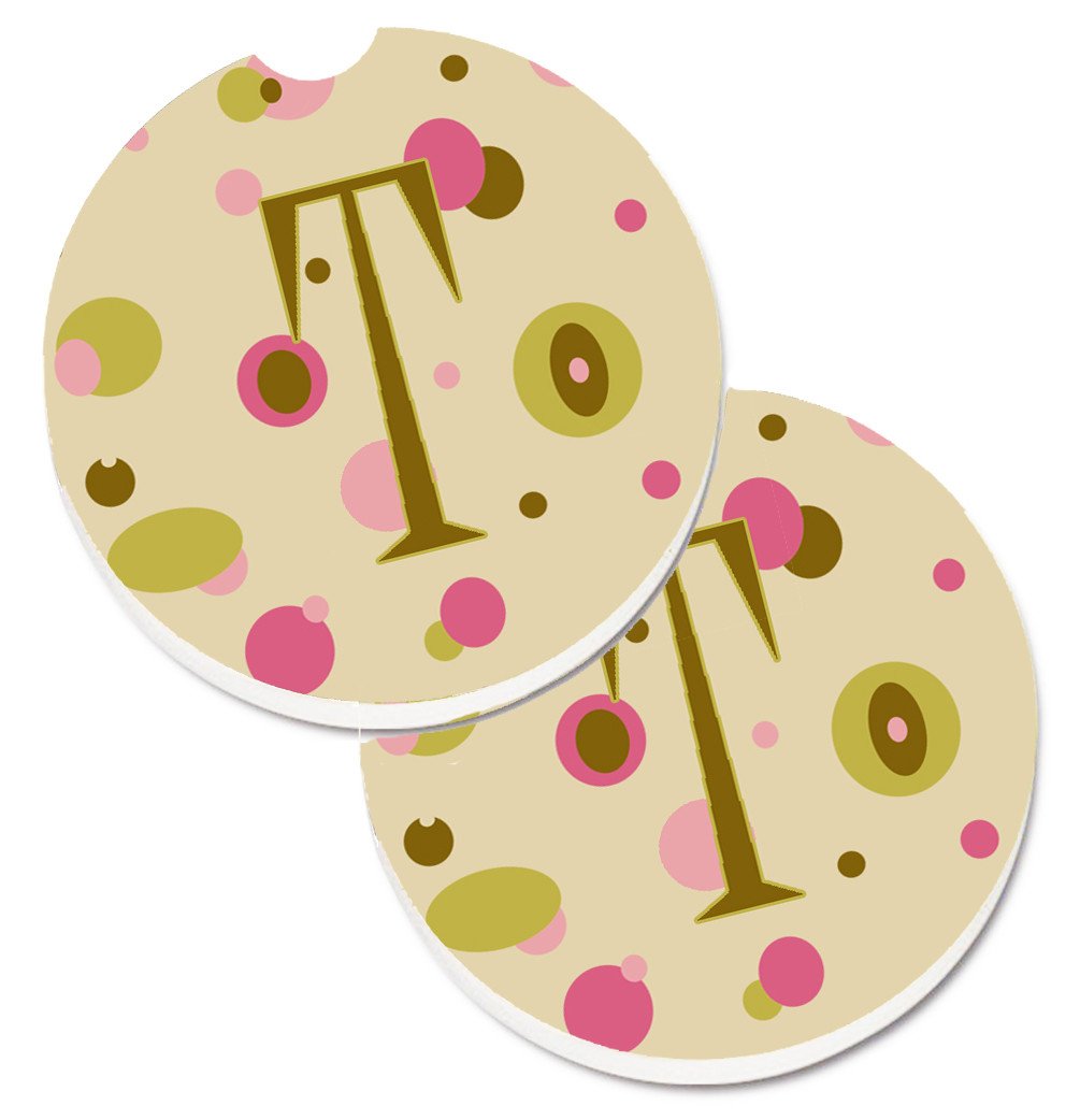 Letter T Initial Monogram - Tan Dots Set of 2 Cup Holder Car Coasters CJ1004-TCARC by Caroline&#39;s Treasures