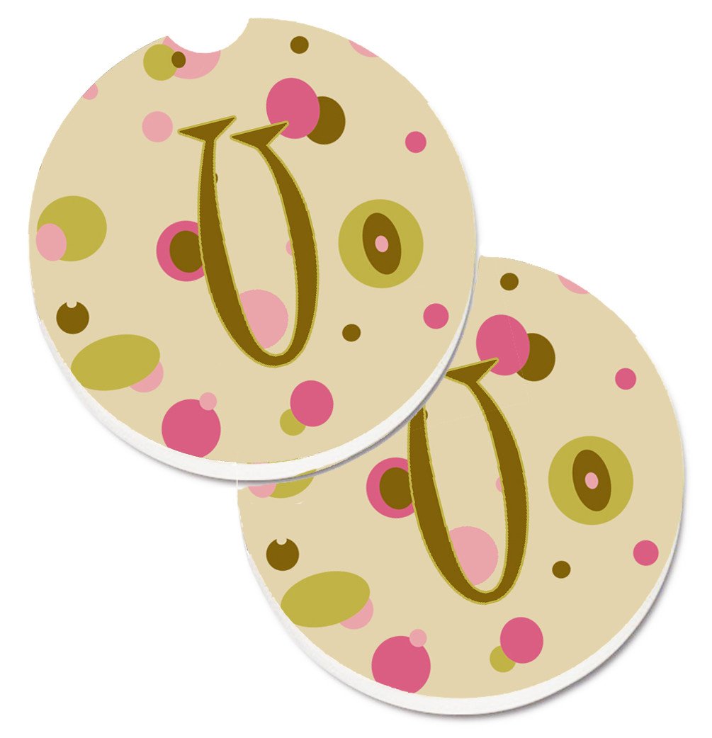 Letter U Initial Monogram - Tan Dots Set of 2 Cup Holder Car Coasters CJ1004-UCARC by Caroline&#39;s Treasures