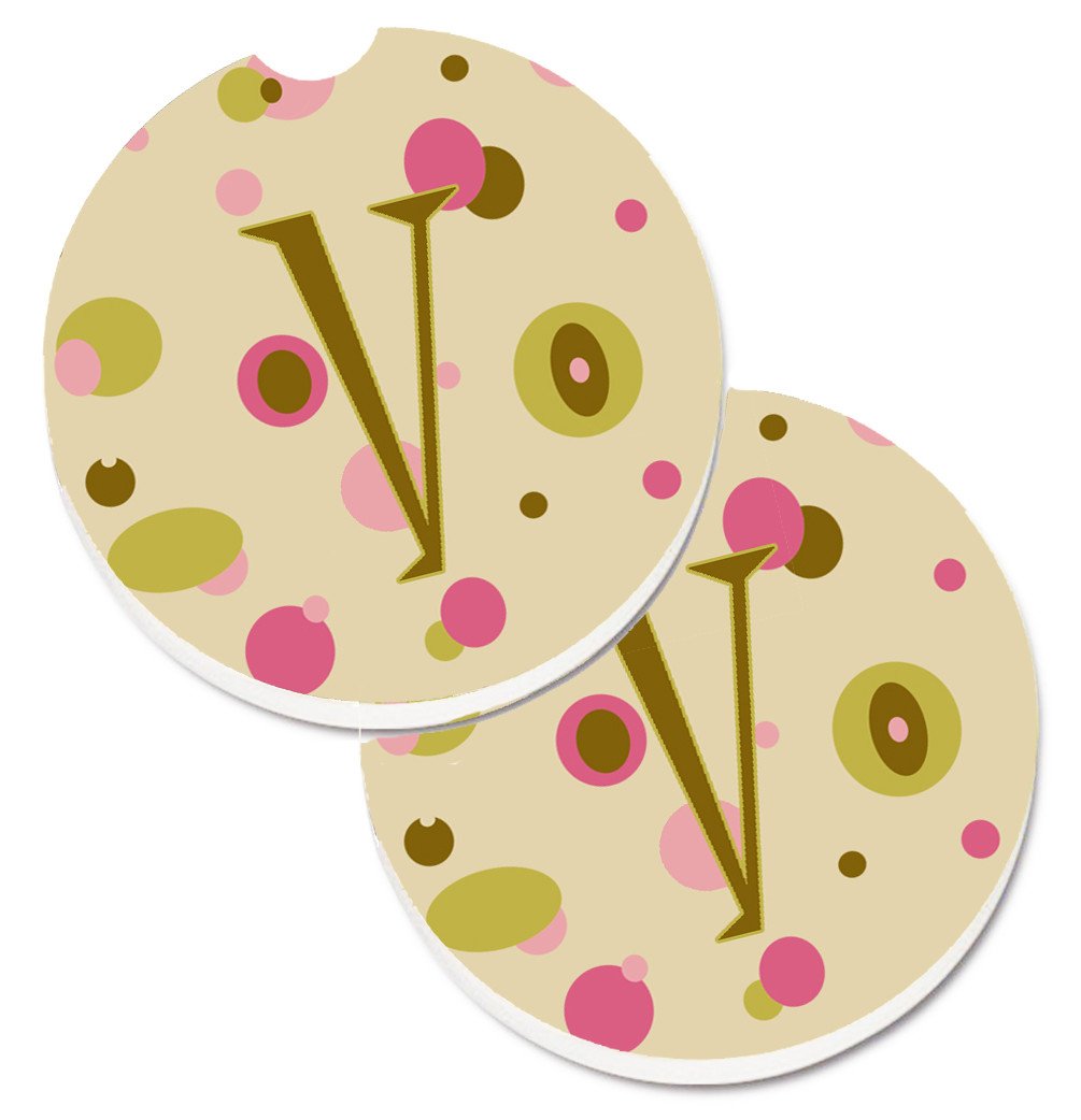 Letter V Initial Monogram - Tan Dots Set of 2 Cup Holder Car Coasters CJ1004-VCARC by Caroline&#39;s Treasures