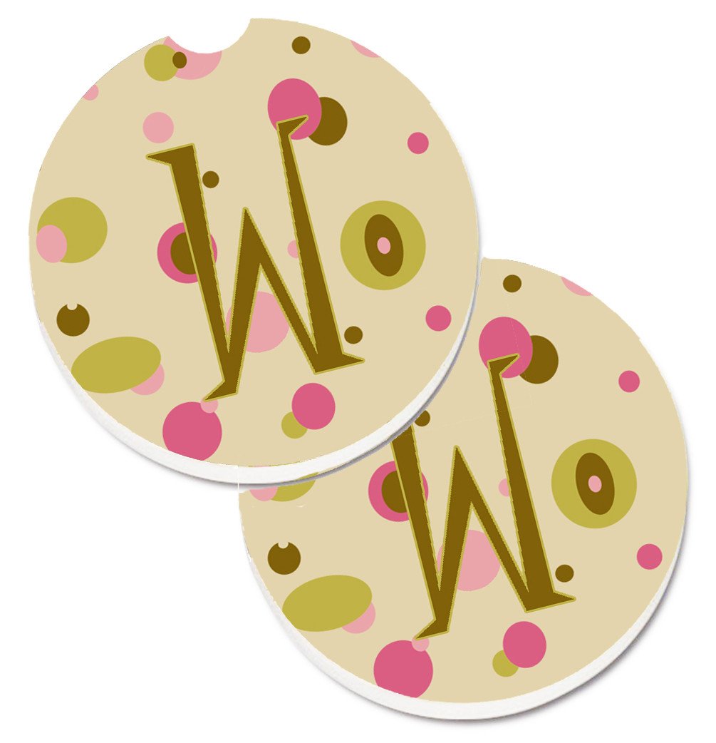 Letter W Initial Monogram - Tan Dots Set of 2 Cup Holder Car Coasters CJ1004-WCARC by Caroline&#39;s Treasures