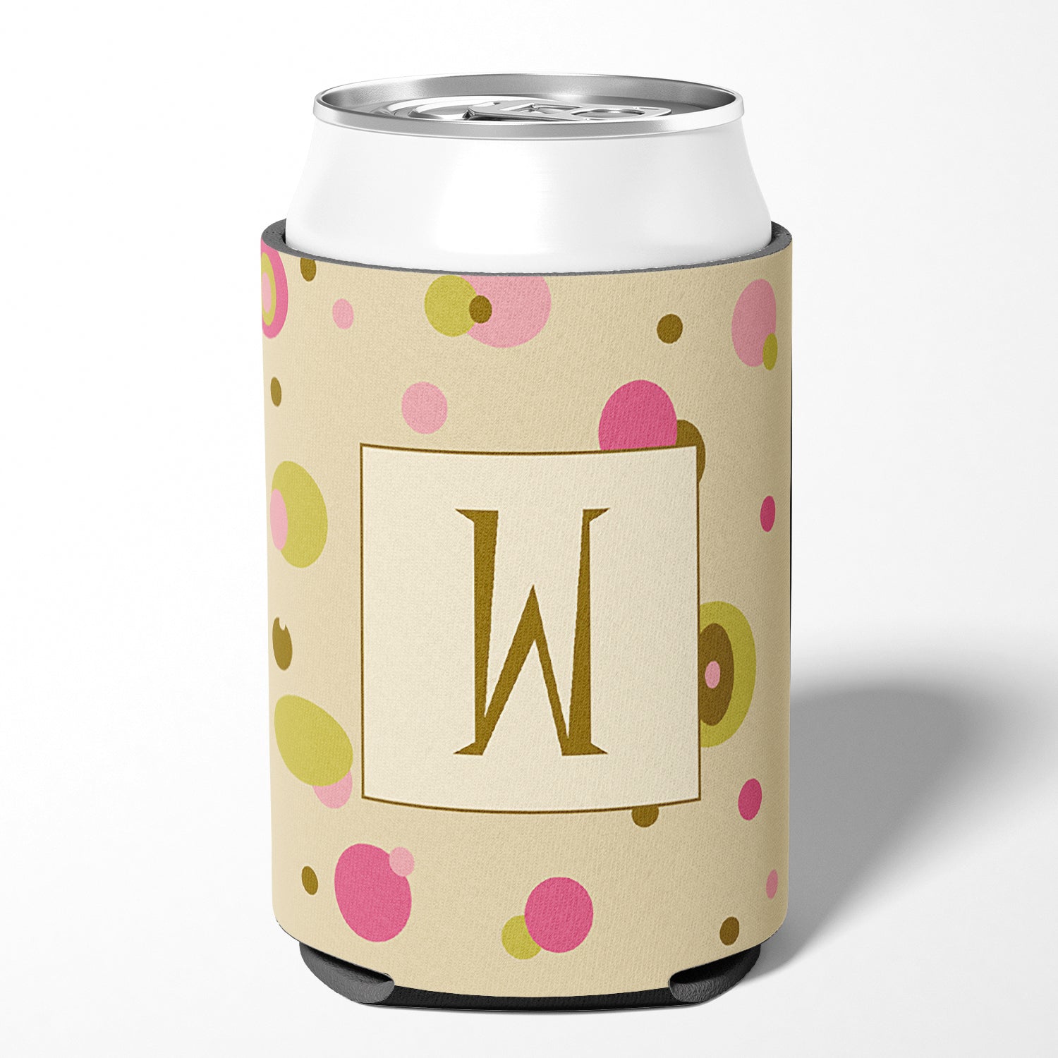 Letter W Initial Monogram - Tan Dots Can or Bottle Beverage Insulator Hugger.