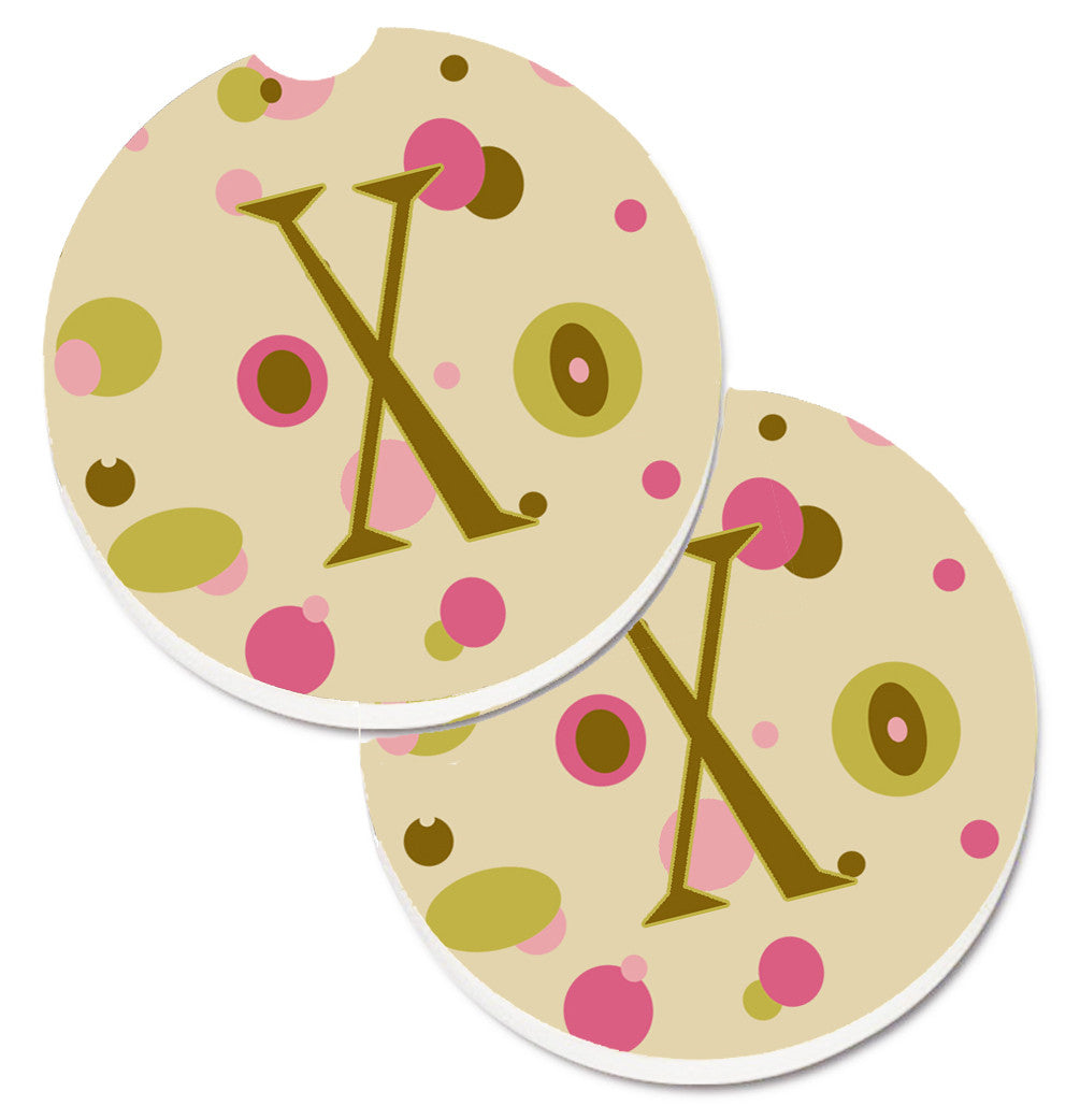 Letter X Initial Monogram - Tan Dots Set of 2 Cup Holder Car Coasters CJ1004-XCARC by Caroline&#39;s Treasures