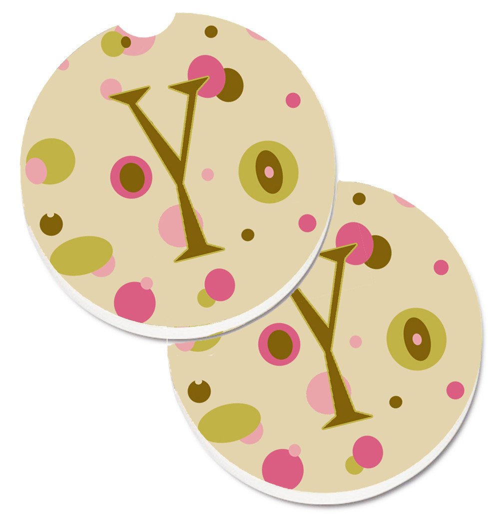 Letter Y Initial Monogram - Tan Dots Set of 2 Cup Holder Car Coasters CJ1004-YCARC by Caroline&#39;s Treasures
