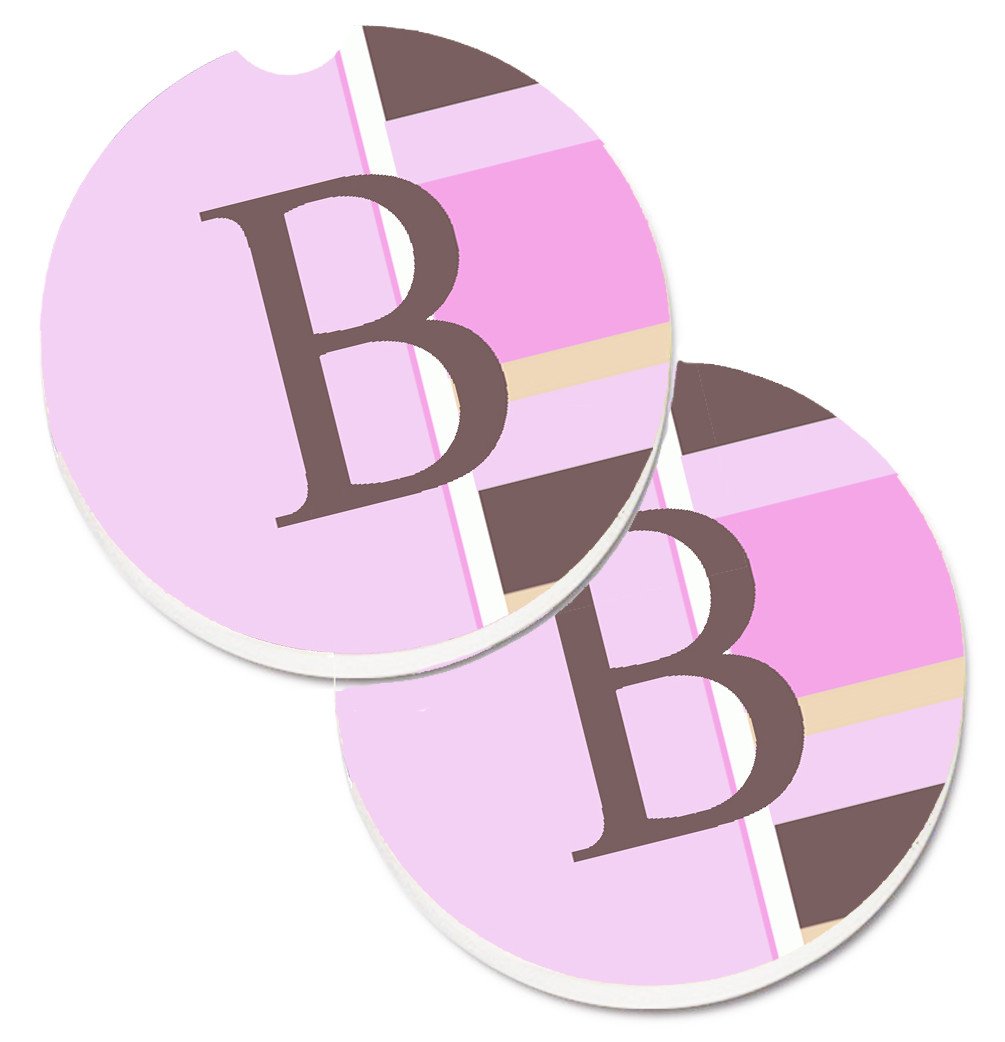 Letter B Initial Monogram - Pink Stripes Set of 2 Cup Holder Car Coasters CJ1005-BCARC by Caroline&#39;s Treasures
