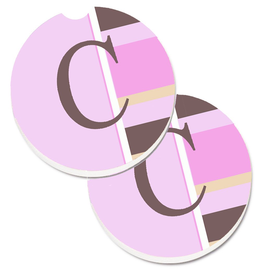 Letter C Initial Monogram - Pink Stripes Set of 2 Cup Holder Car Coasters CJ1005-CCARC by Caroline&#39;s Treasures