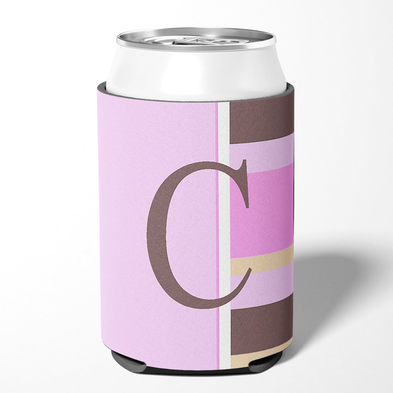 Letter C Initial Monogram - Pink Stripes Can or Bottle Beverage Insulator Hugger.