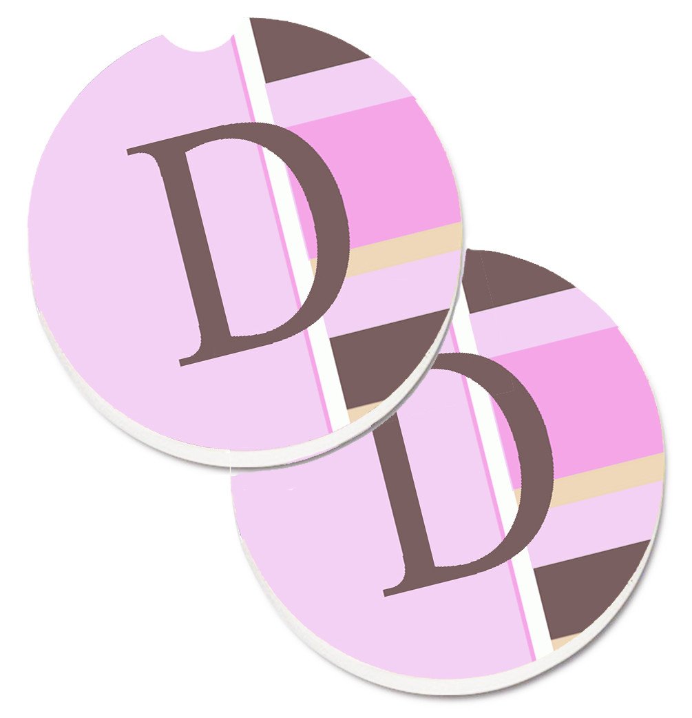 Letter D Initial Monogram - Pink Stripes Set of 2 Cup Holder Car Coasters CJ1005-DCARC by Caroline&#39;s Treasures