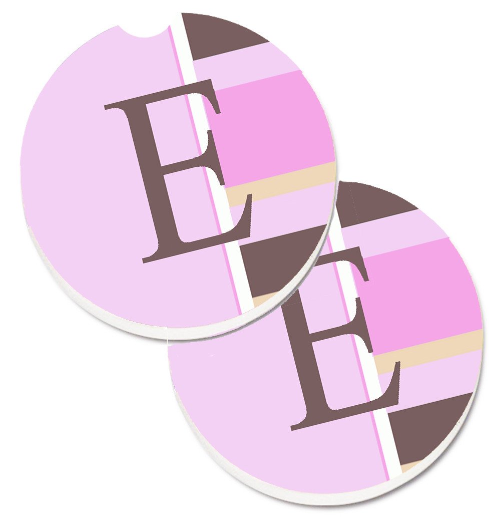 Letter E Initial Monogram - Pink Stripes Set of 2 Cup Holder Car Coasters CJ1005-ECARC by Caroline's Treasures