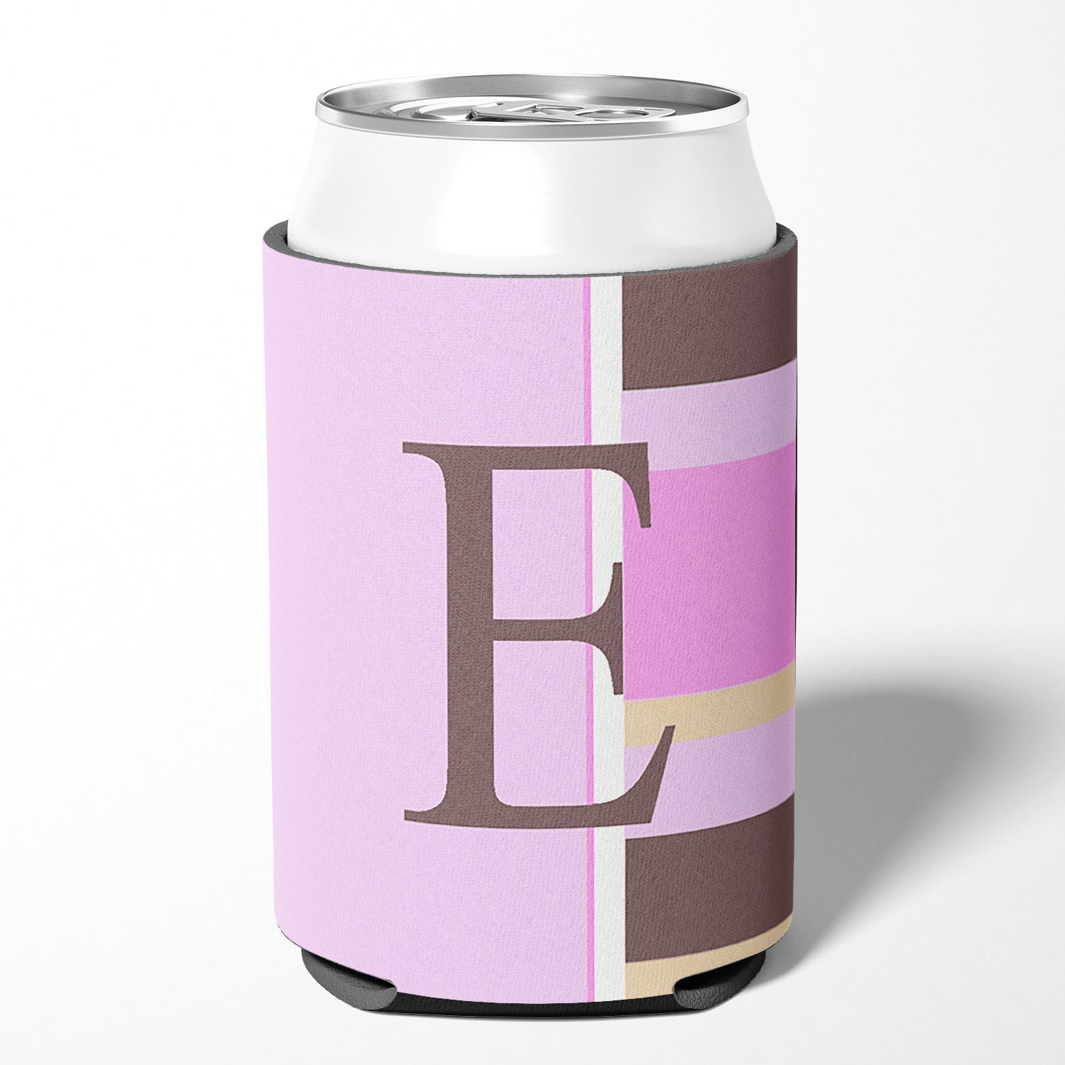 Letter E Initial Monogram - Pink Stripes Can or Bottle Beverage Insulator Hugger.
