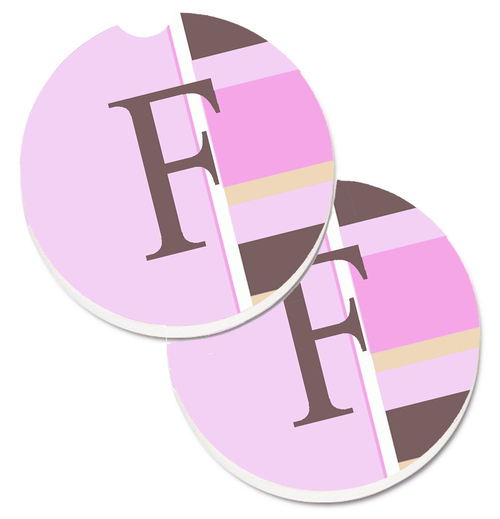 Letter F Initial Monogram - Pink Stripes Set of 2 Cup Holder Car Coasters CJ1005-FCARC by Caroline&#39;s Treasures