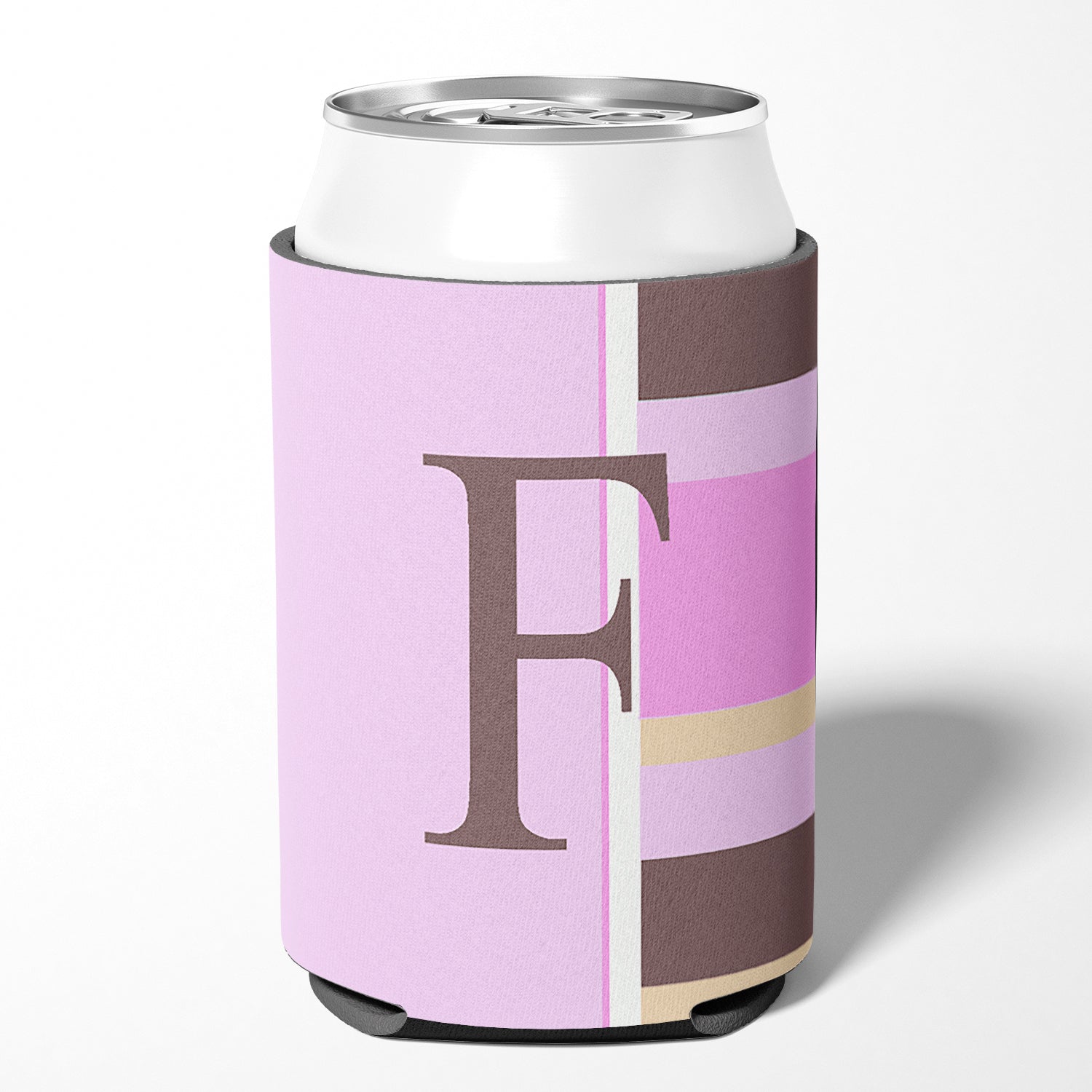 Letter F Initial Monogram - Pink Stripes Can or Bottle Beverage Insulator Hugger
