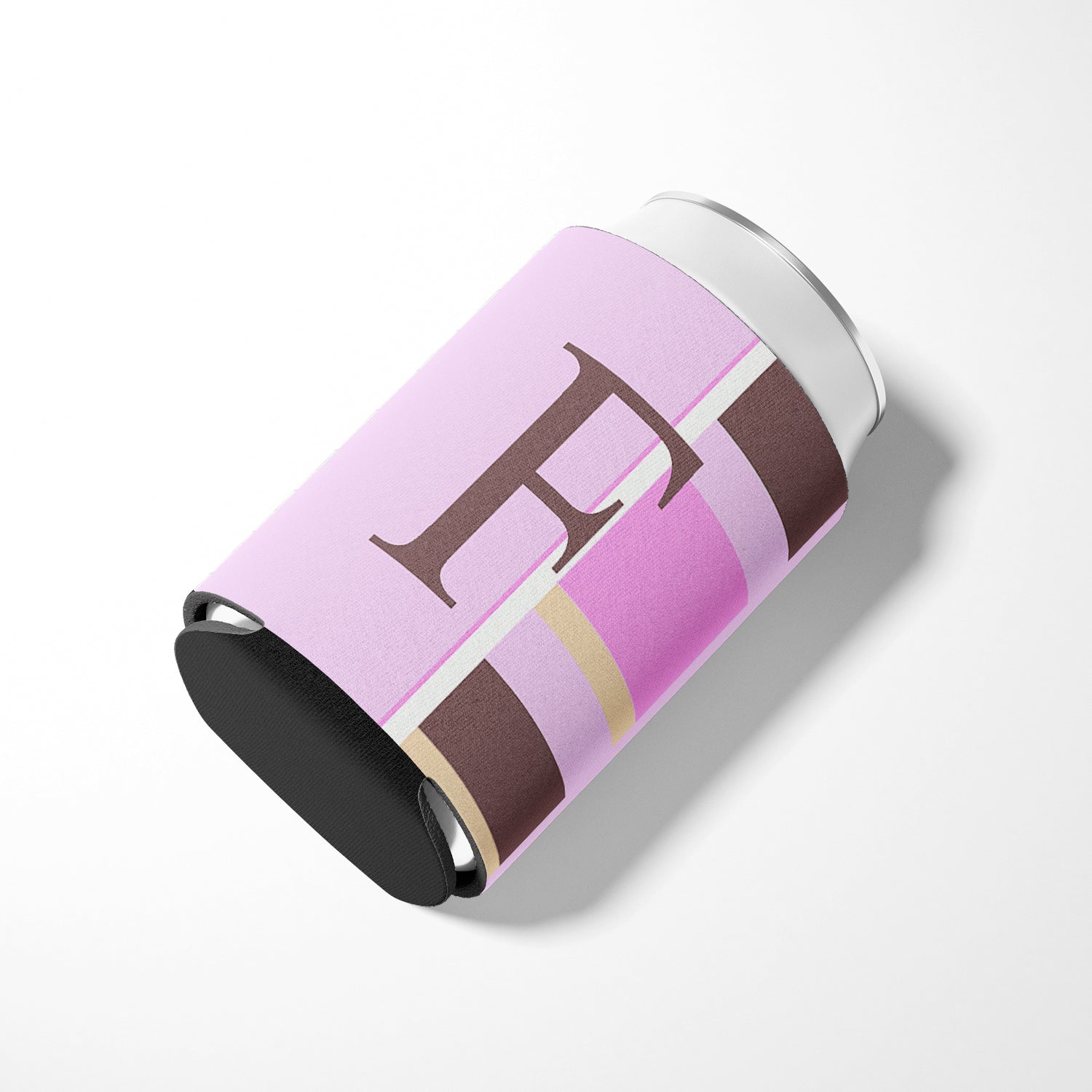 Letter F Initial Monogram - Pink Stripes Can or Bottle Beverage Insulator Hugger.