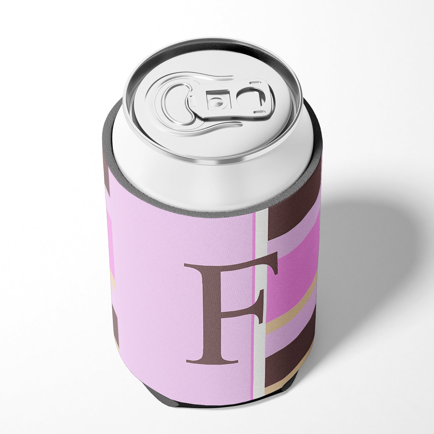 Letter F Initial Monogram - Pink Stripes Can or Bottle Beverage Insulator Hugger.