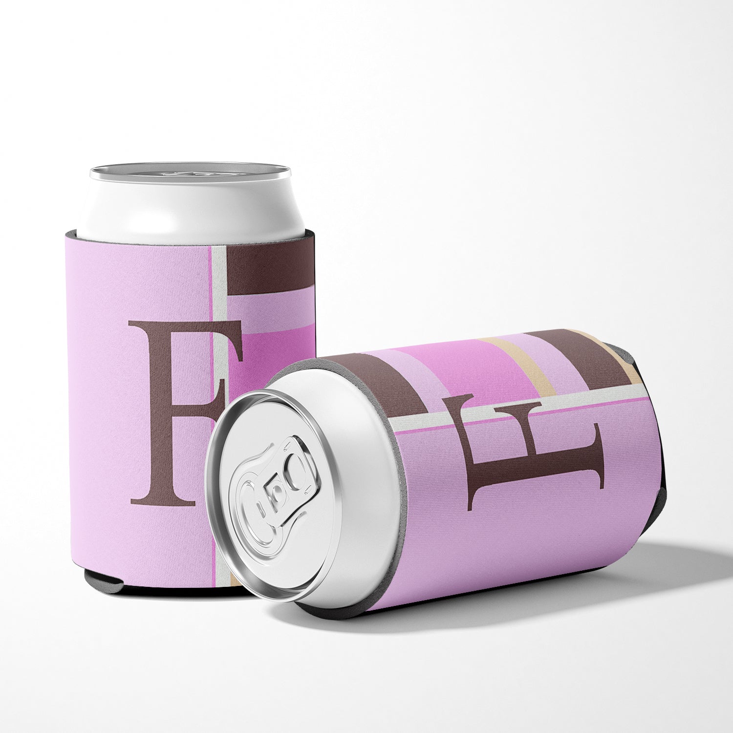 Letter F Initial Monogram - Pink Stripes Can or Bottle Beverage Insulator Hugger