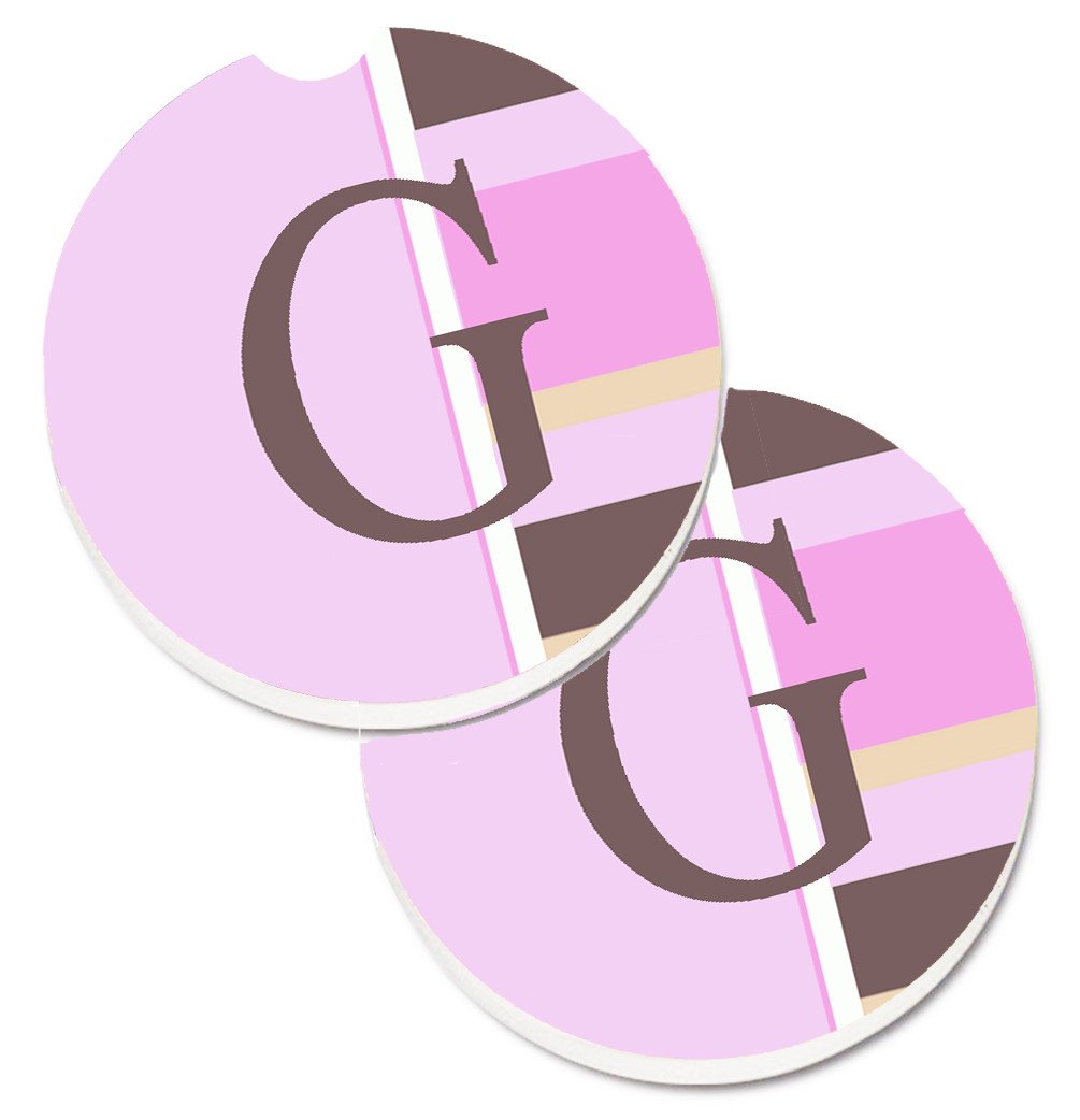 Letter G Initial Monogram - Pink Stripes Set of 2 Cup Holder Car Coasters CJ1005-GCARC by Caroline&#39;s Treasures