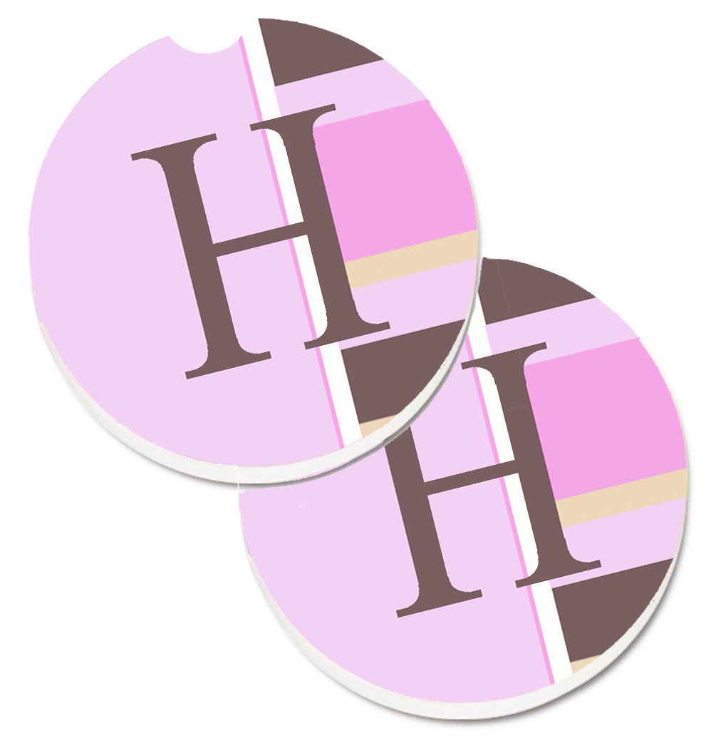 Letter H Initial Monogram - Pink Stripes Set of 2 Cup Holder Car Coasters CJ1005-HCARC by Caroline&#39;s Treasures
