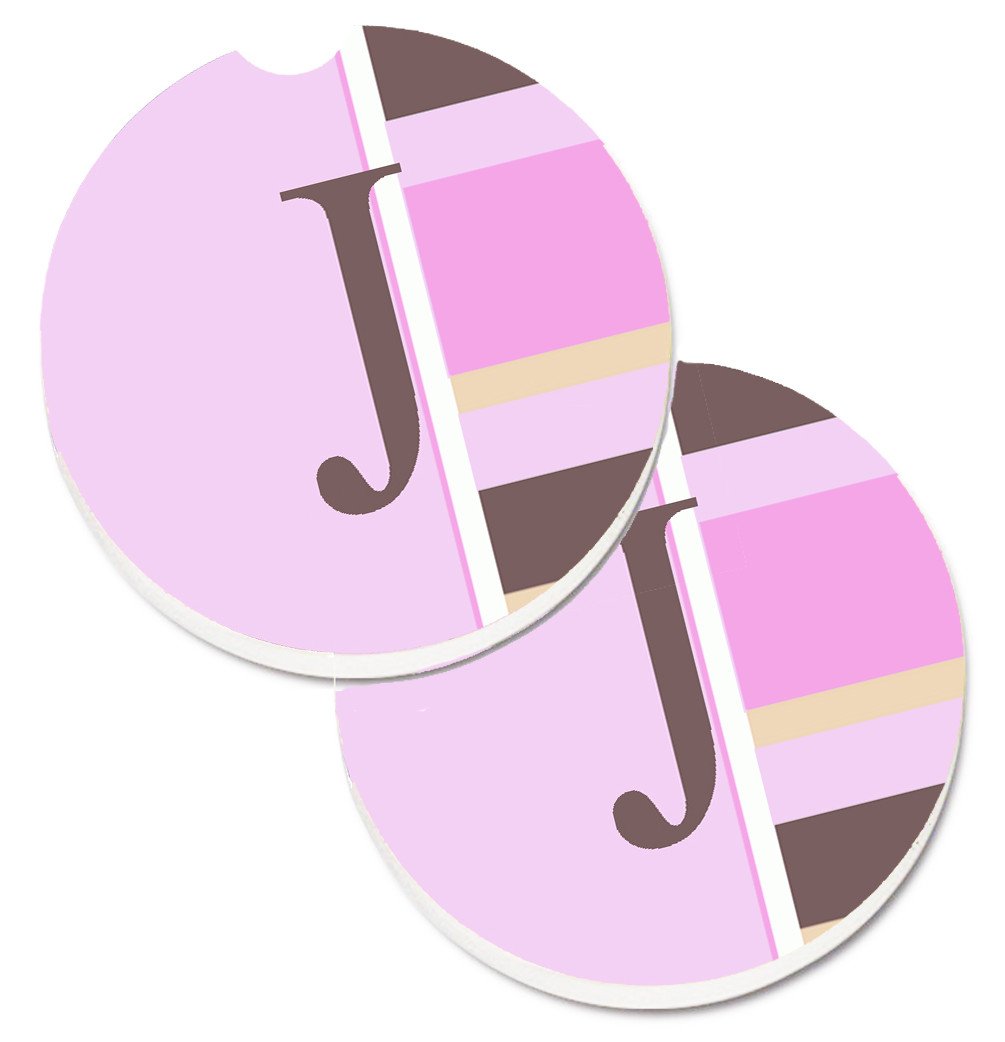 Letter J Initial Monogram - Pink Stripes Set of 2 Cup Holder Car Coasters CJ1005-JCARC by Caroline&#39;s Treasures
