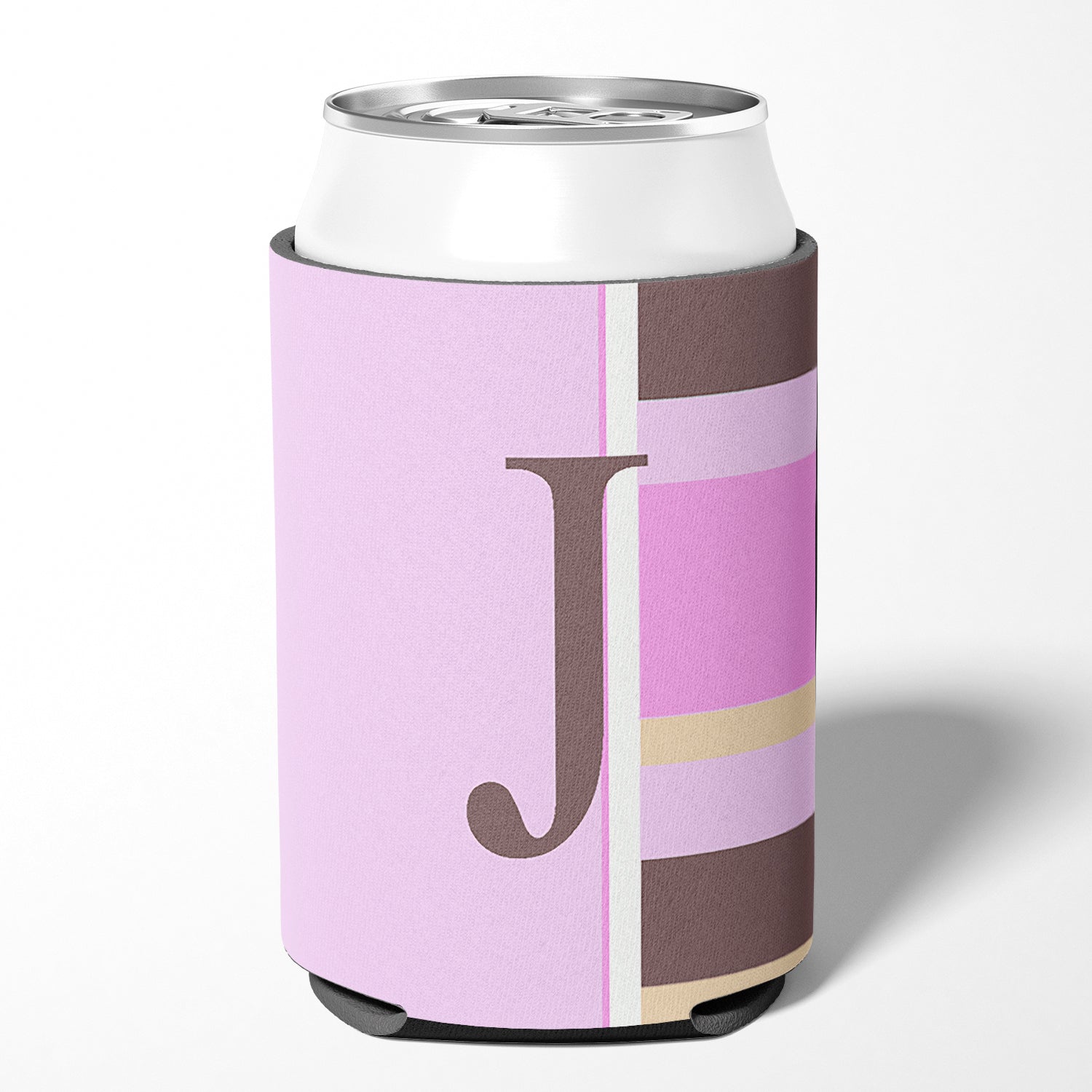 Letter J Initial Monogram - Pink Stripes Can or Bottle Beverage Insulator Hugger.
