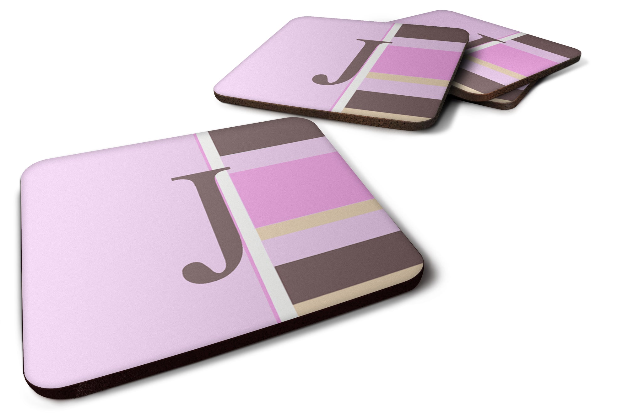 Set of 4 Monogram - Pink Stripes Foam Coasters Initial Letter J - the-store.com