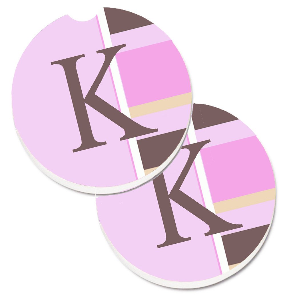 Letter K Initial Monogram - Pink Stripes Set of 2 Cup Holder Car Coasters CJ1005-KCARC by Caroline&#39;s Treasures